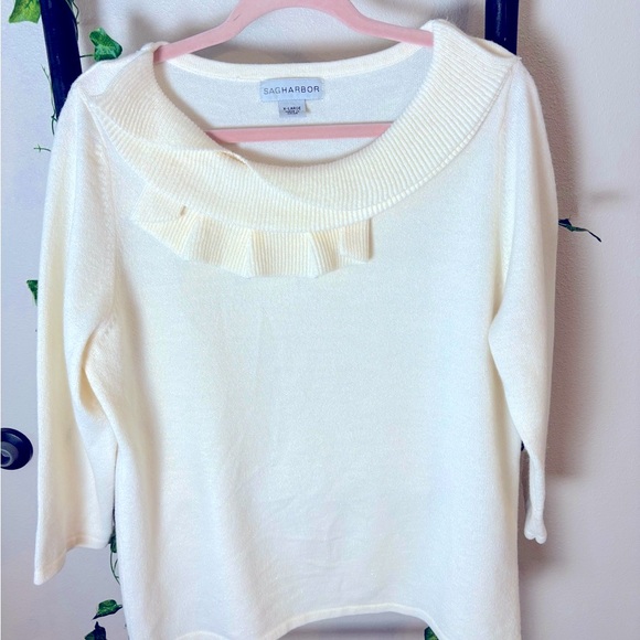 Sag Harbour Ruffled Round Neck Ivory Neutral Sweater Size XL - Picture 6 of 7